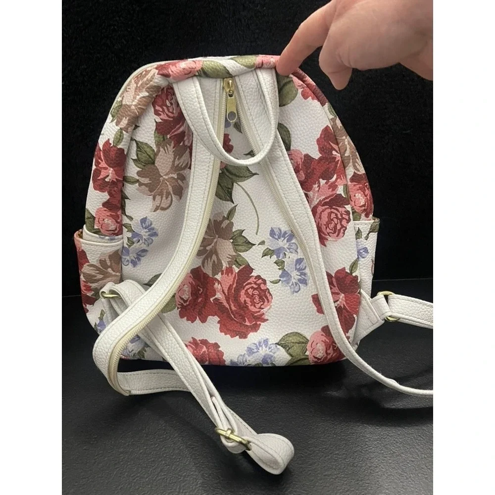 Stone & Co Floral Mini Backpack White Red Rose Pebbled Faux Leather Organizer